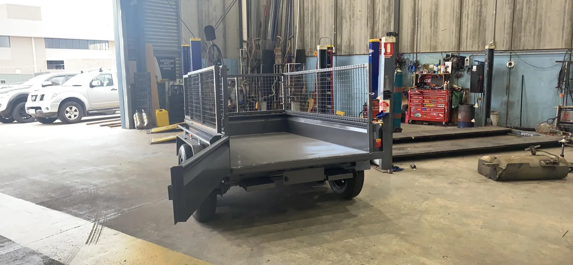 An open custom trailer at our shop in Belconnen